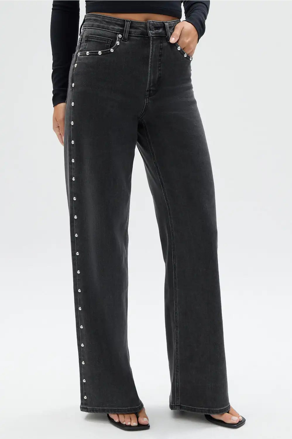 High Rise Wide Leg Studded Jean